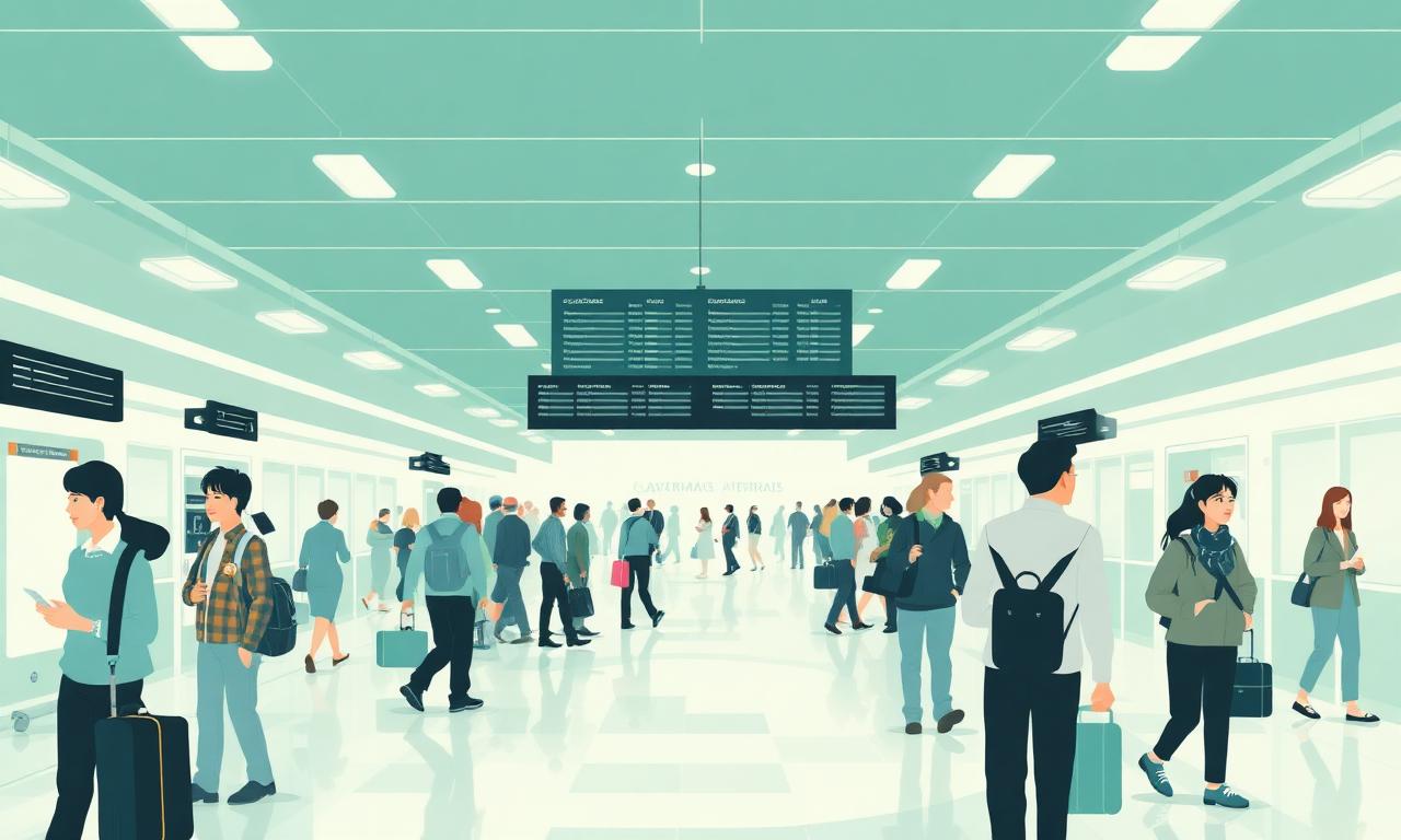 Inside view of an airport terminal with travelers