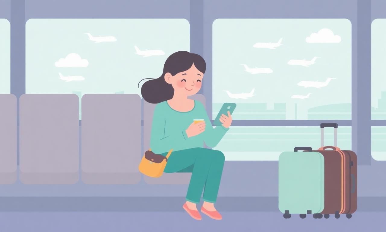Traveler calmly using a phone to rebook a flight at the gate